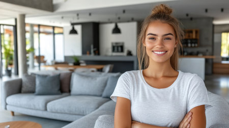 Young woman smiles warmly, showcasing a relaxed pose in a stylish, brightly lit living space.の素材