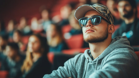 A young man in casual attire focuses on a presentation in a packed auditorium filled with people.の素材