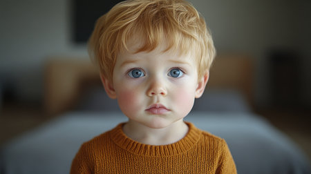 A child stands indoors with curious expression, showing bright blue eyes and a soft sweater.の素材