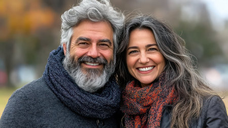 A smiling couple enjoys each others company in a scenic park surrounded by autumn leaves.の素材