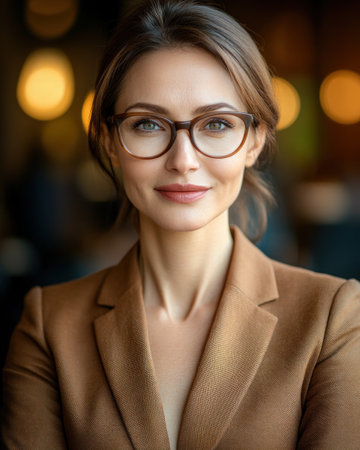 Woman with brown hair and glasses smiles confidently in a modern cafe setting during daytime.の素材