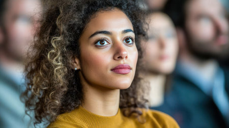 A young woman with curly hair listens attentively in a crowded audience during a speaking event.の素材