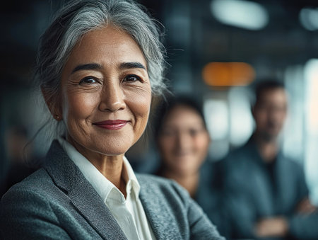 Woman with gray hair smiles while dressed professionally at a business gathering during the day.の素材