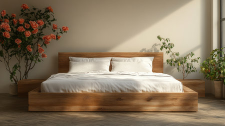 Cozy wooden bed with white linens sits in a bright room filled with greenery and warm sunlight.の素材