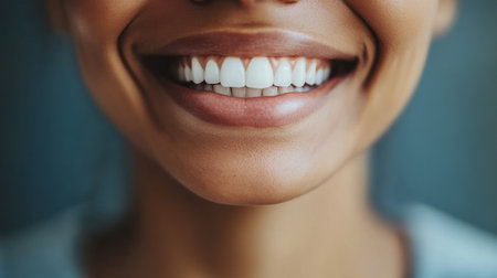 Close up view of a young womans cheerful smile, showing healthy white teeth and a warm expression.の素材
