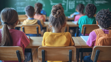 Students sitting at wooden desks, focused on learning in a colorful classroom setting.の素材