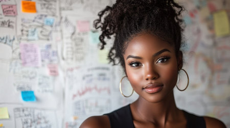 Confident young woman stands in front of a wall covered with colorful notes and sketches.の素材