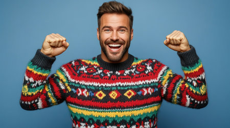 A cheerful man with a big smile raises his arms in excitement, wearing a vibrant winter sweater.の素材