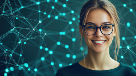 Smiling young woman with glasses stands against a backdrop of digital connections and glowing blue nodesの素材