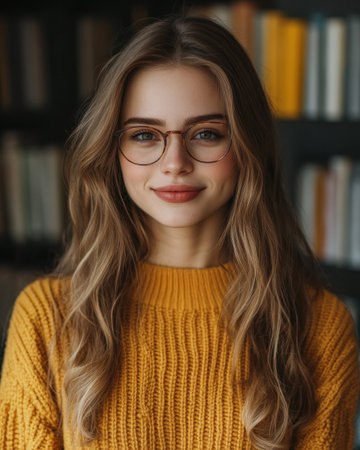 A young woman with long hair, glasses, and a cheerful smiling poses in a cozy library surrounded by books.の素材