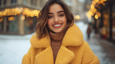 Woman joyfully poses in a cozy yellow coat as snow gently falls in a festive urban setting.の素材