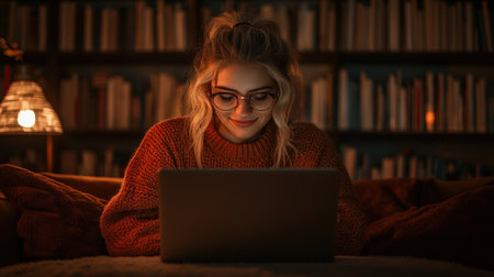 A person smiles while engaging with a laptop in a cozy, illuminated library at night.の素材