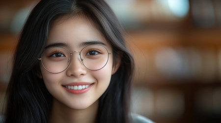 Bright smile of a young woman in glasses against a blurred indoor background, conveying happiness and warmth.の素材