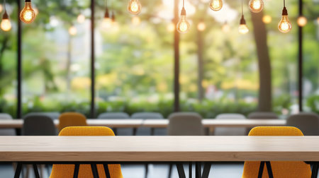 Brightly lit cafe with modern seating and large windows showcasing lush outdoor greenery during the dayの素材