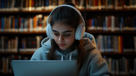 Student deeply engaged in studying on a laptop while seated in a quiet library with headphones on.の素材