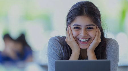 Young woman joyfully engages with her laptop while sitting at a desk in a vibrant workspace.の素材