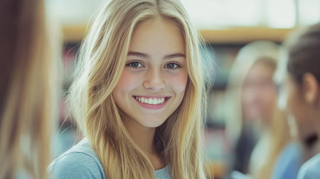 An enthusiastic girl with long hair smiles brightly while surrounded by her friends in a library.の素材