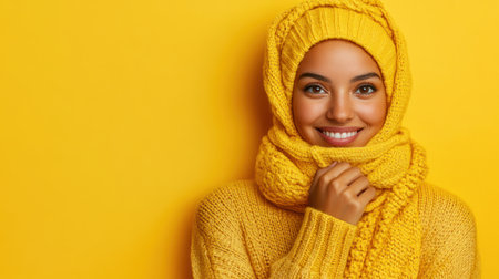 Young woman wearing a cozy yellow sweater and scarf displays a joyful expression with a vibrant backdrop.の素材