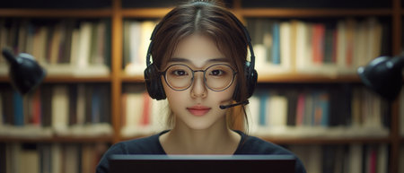 A young woman focuses on her studies, wearing headphones and a microphone while seated at a desk.の素材