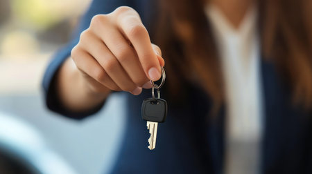 A hand extends with a car key and keychain, suggesting a transaction or sharing moment in sunlight.の素材