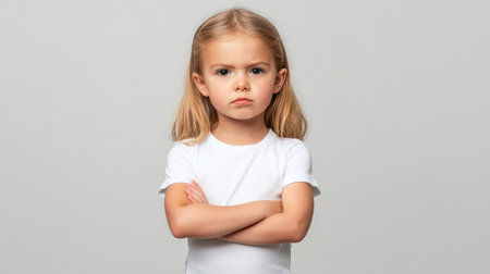 A child stands confidently with arms crossed and a focused look, showcasing determination and attitude.の素材