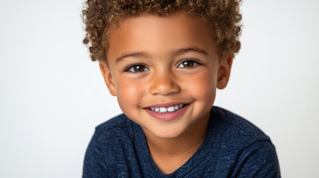 A cheerful child with curly hair showcases a bright smile in a minimalist studio environment.の素材