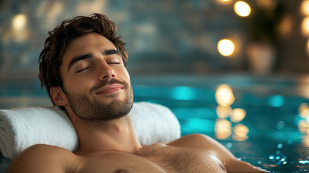 Man lounges in a serene pool, embracing relaxation with a calm expression and gentle lighting surrounding him.の素材