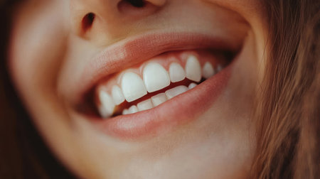 Close up of a woman smiling joyfully, showcasing her bright teeth and healthy gums with natural makeup.の素材