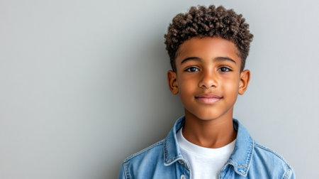 Boy with curly hair stands confidently, wearing a denim jacket and white shirt, smiling calmly at the camera.の素材