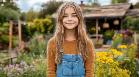 A cheerful girl stands in a colorful garden filled with flowers, wearing a cozy sweater and denim overalls.の素材