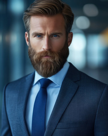 A well groomed man in a suit stands confidently, showing a professional look in a modern office.の素材