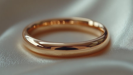 A beautifully crafted gold ring lies on smooth fabric, highlighting its smooth texture and design.の素材