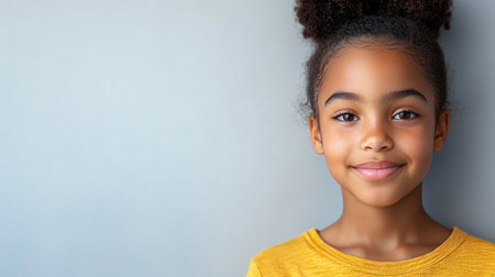 Young girl with curly hair smiles joyfully while standing in a well lit indoor spaceの素材