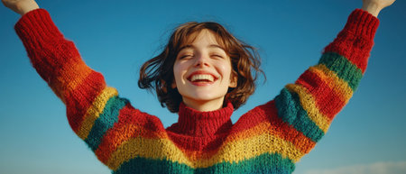 A girl with a big smile raises her arms in happiness while wearing a vibrant sweater outdoors.の素材