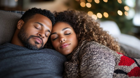 Man and woman rest together on a couch surrounded by warm holiday ambiance and soft lighting.の素材