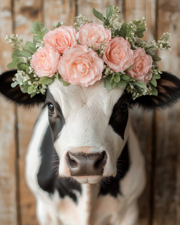 A charming calf with black and white markings wears a beautiful crown made of pink roses and greenery.の素材