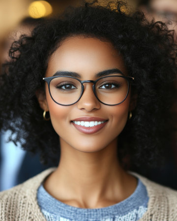 A young woman with curly hair and glasses smiles warmly while standing inside with people in the background.の素材