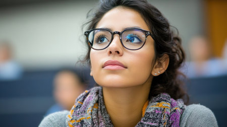 Young woman with glasses actively listening and reflecting in a learning setting with classmates nearbyの素材