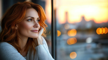 Red haired woman reflects on life while enjoying a beautiful sunset over a bustling city.の素材