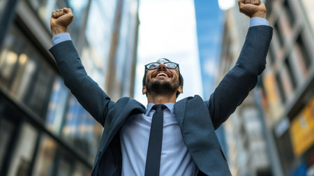 Man in a suit rejoices with raised arms in a bustling city environment, showing excitement and achievement.の素材