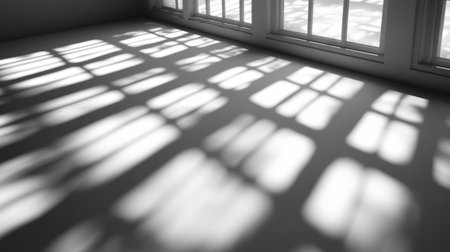 Sunlight filters through multiple window panes, creating beautiful shadow patterns on the floor.の素材