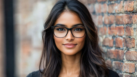A woman with long dark hair and glasses smiles while standing against a textured brick wall.の素材