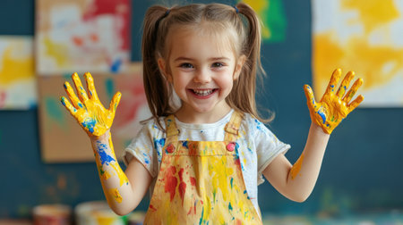 Child expresses happiness with hands covered in bright yellow paint, enjoying a fun art activity indoors.の素材