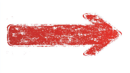 A bold red arrow points right, featuring a weathered texture on a white backdrop, emphasizing movement.の素材