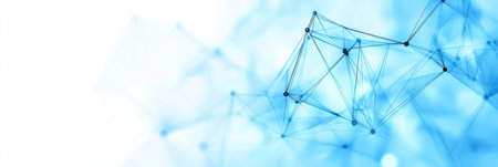 Digital representation of interconnected lines and nodes symbolizing data networking and technology.の素材