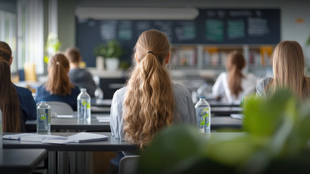 Students engage in a classroom lesson, highlighting modern educational practices and environmental awareness.の素材