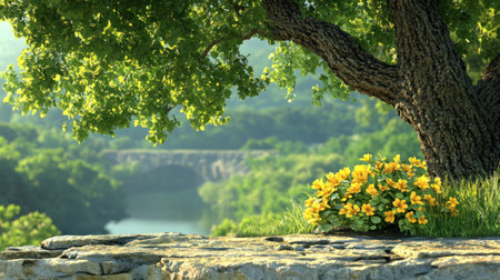 A majestic tree stands beside bright yellow flowers, overlooking a calm river surrounded by lush greenery.の素材