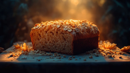A golden loaf of bread with an oat topping sits on a wooden board, illuminated by soft, warm light.の素材