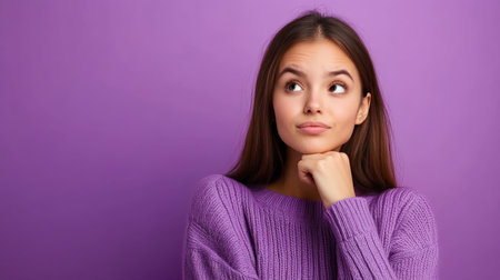 Young woman with long hair ponders thoughtfully while resting her chin on her hand.の素材