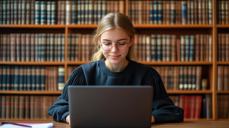 A young woman with glasses works intently on her laptop in a library surrounded by books.の素材